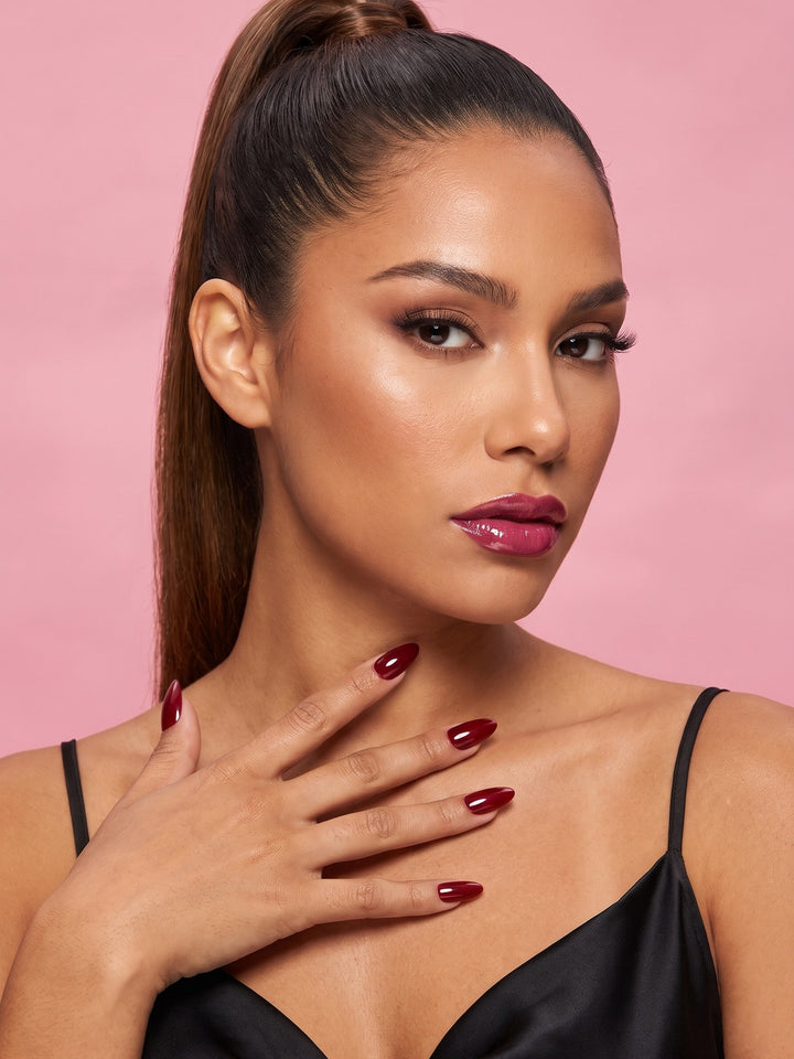 Wine Red Almond Press-On Nails — model wearing the nails