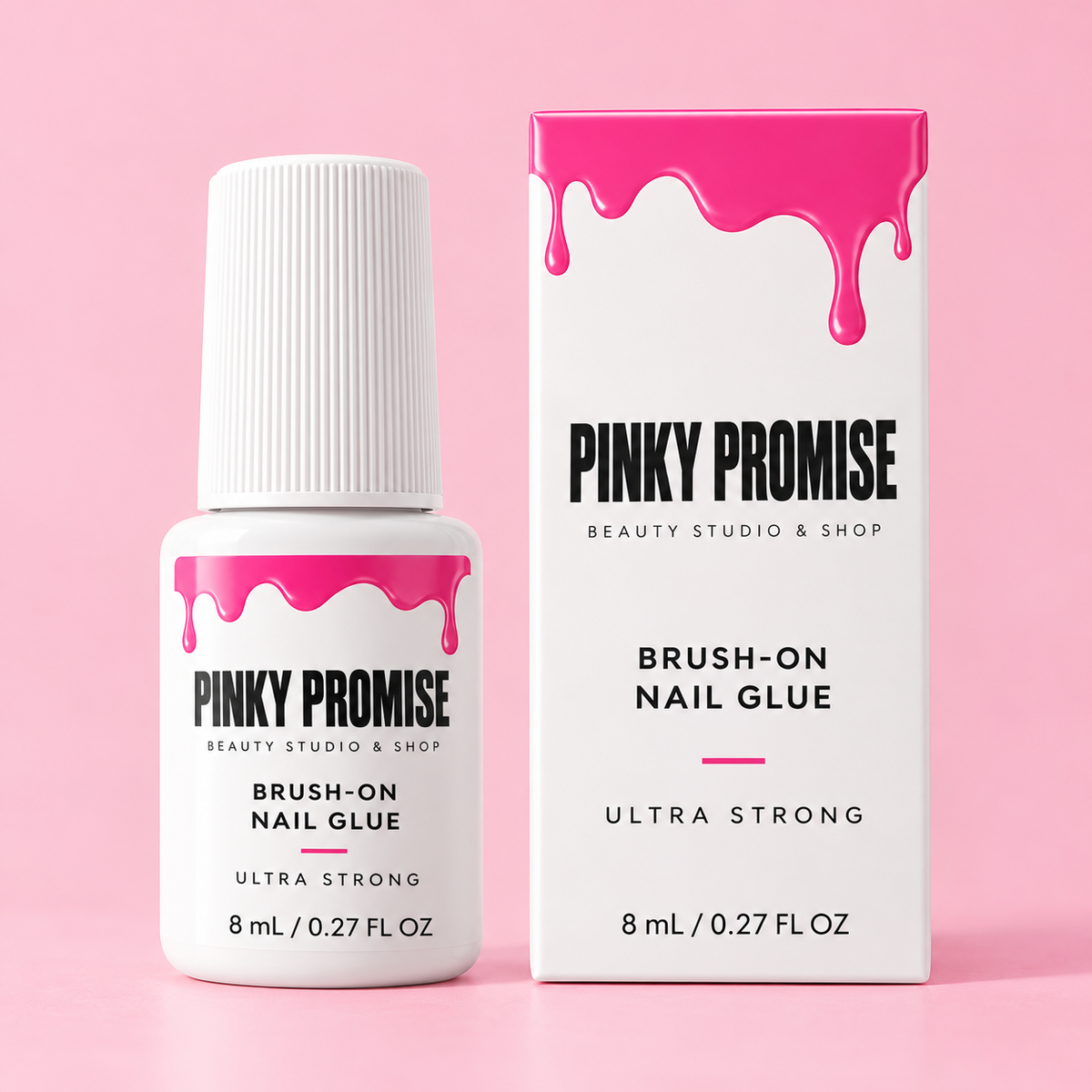 Pinky Promise ultra-strong brush-on nail glue, 8 mL bottle with box