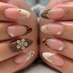 Leopard & Blossom French Almond Press-On Nails – leopard french tips, gold lines, pearls, 3d blossom, photo 4