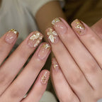 Golden Blossom Short Square Press-On Nails – peachy nude with gold-foil petals and glitter tips, photo 4