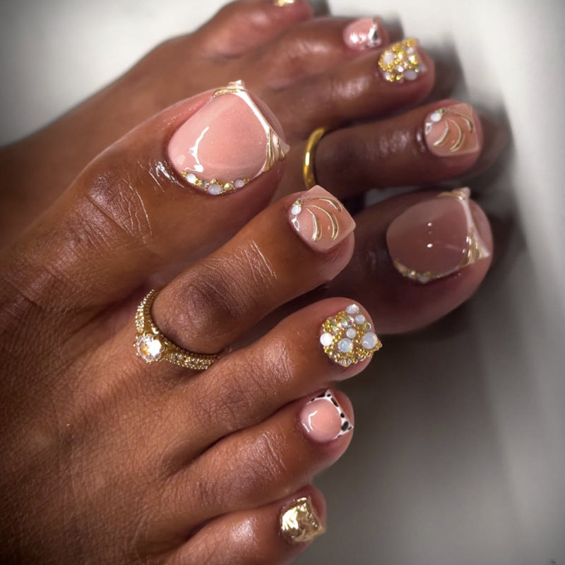 Rhinestone French Press-On Toenails – pink french toenails with gold lines and rhinestones, photo 4