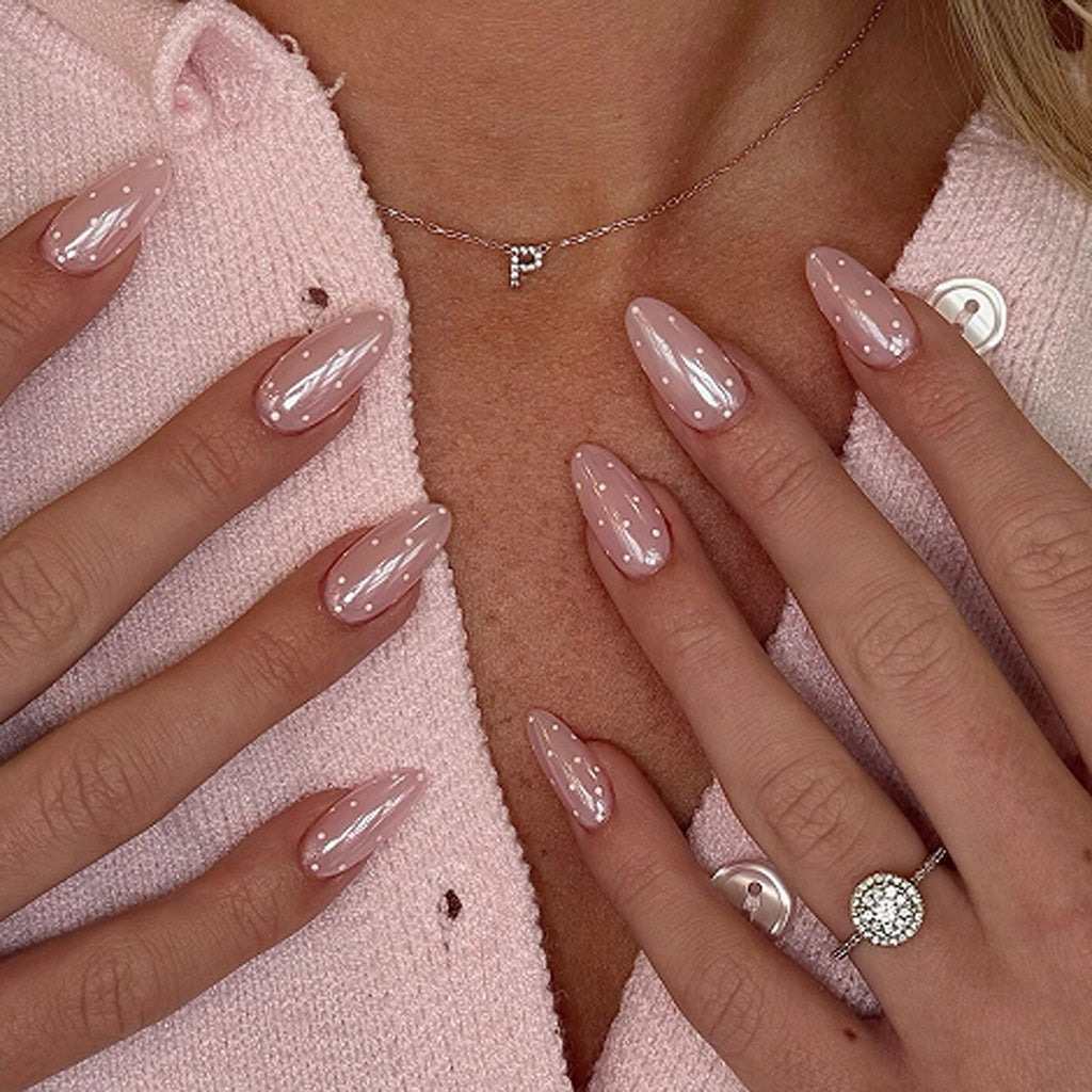 Pearl Glazed Almond Press-On Nails – pearly glazed pink with tiny white dots, photo 4