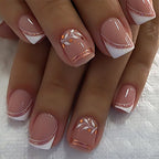 White Swirl French Short Square Press-On Nails – curved white french tips edged in pink glitter, photo 4