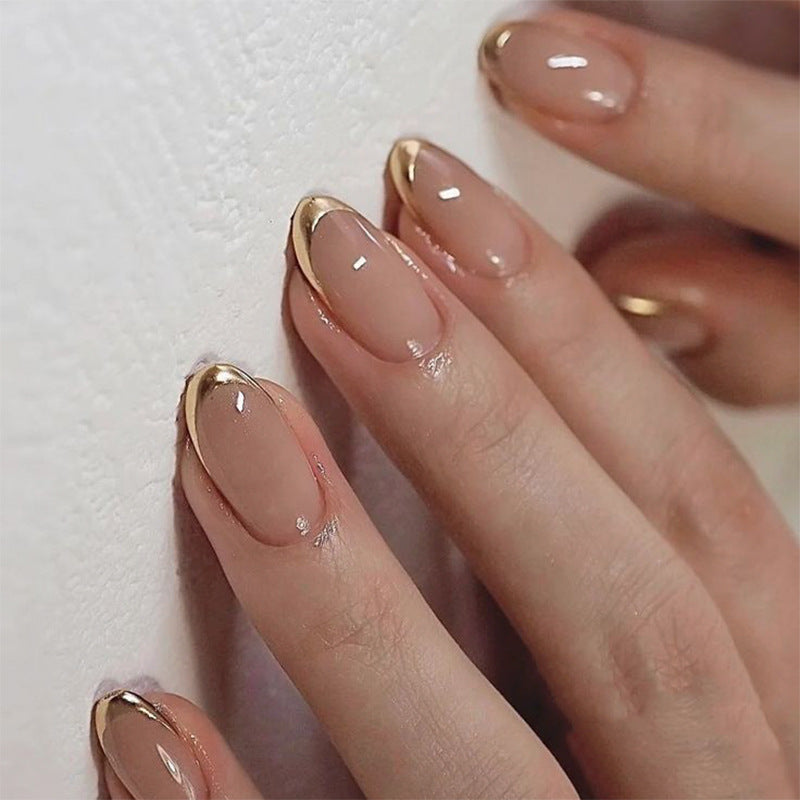 Gold Rim French Almond Press-On Nails – blush pink with a slim metallic gold french rim, photo 4