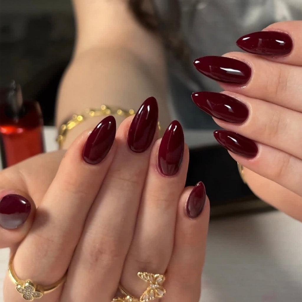Wine Red Almond Press-On Nails – deep glossy wine red, photo 4