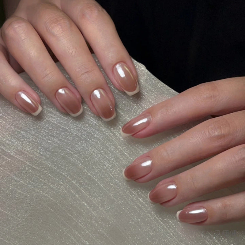 Nude Gradient French Short Square Press-On Nails – nude-to-cocoa gradient with crisp white french tips, photo 4