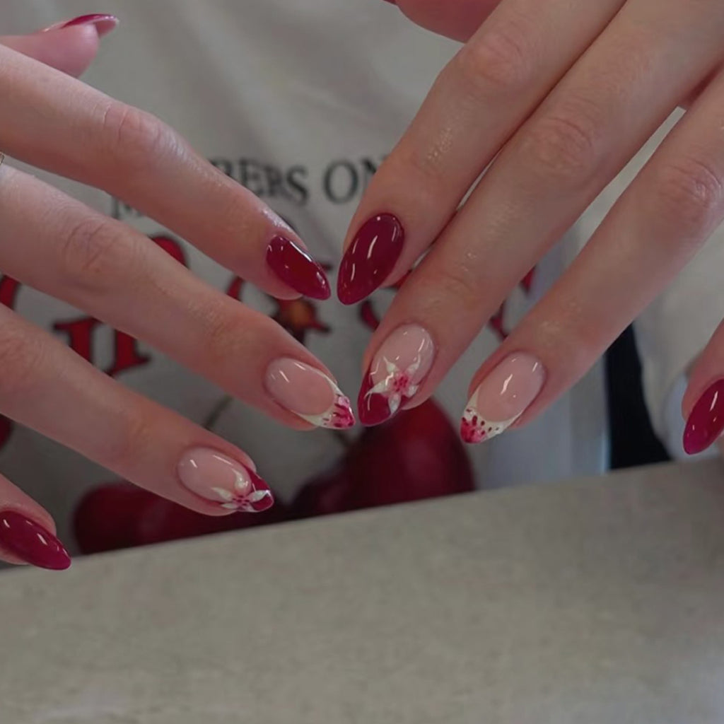 Burgundy Floral French Almond Press-On Nails – burgundy french tips with a 3d pink lily, photo 4