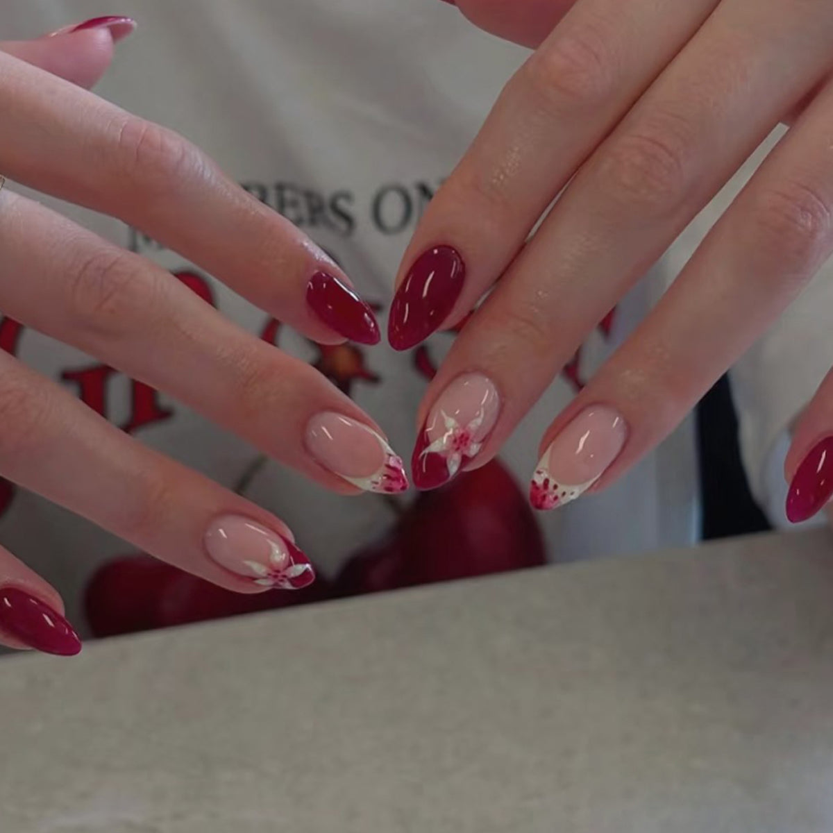 Burgundy Floral French Almond Press-On Nails – burgundy french tips with a 3d pink lily, photo 4