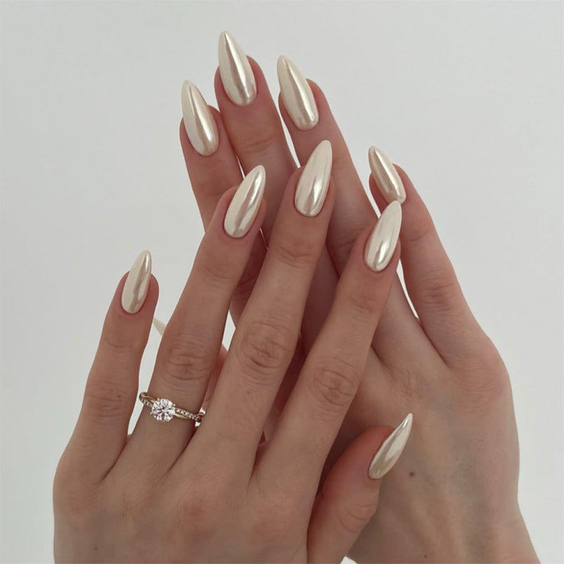 Champagne Pearl Chrome Almond Press-On Nails – champagne nude with a pearly chrome glaze, photo 4