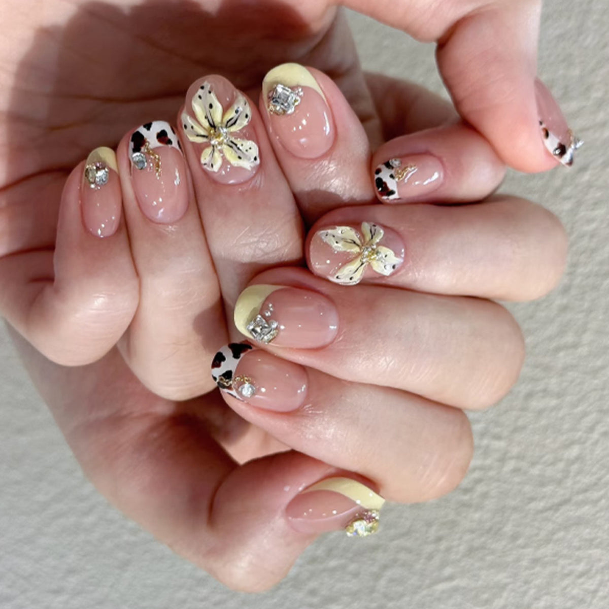 Buttercup Blossom Short Press-On Nails – buttery yellow french tips with a 3d blossom and crystals, photo 4