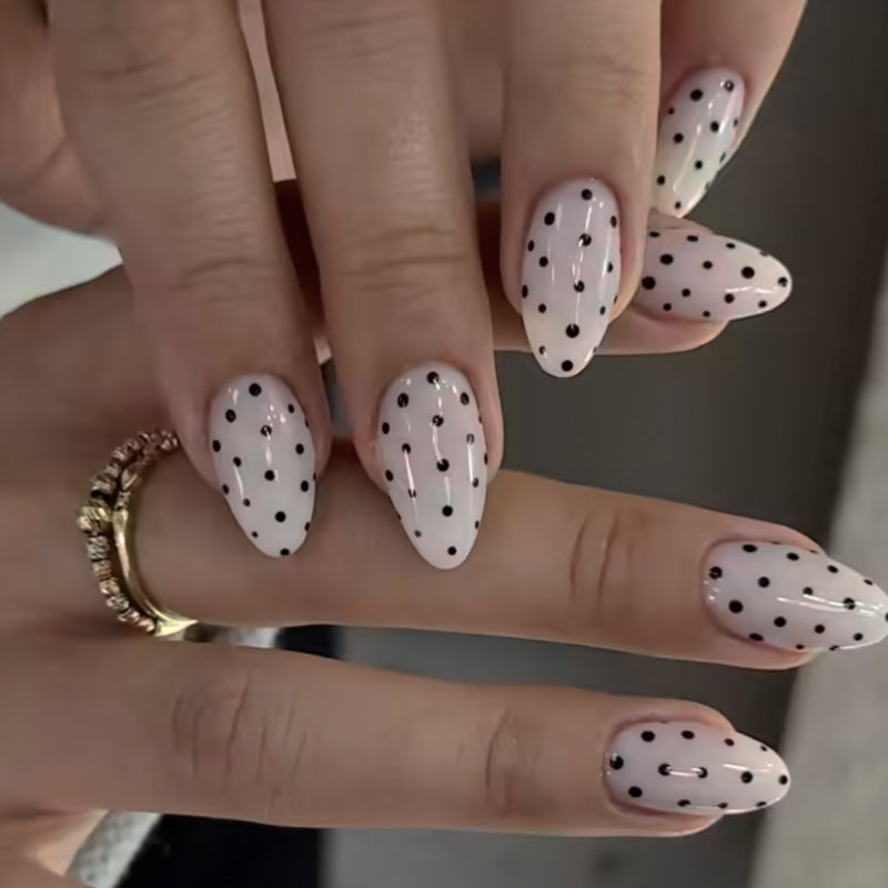 Black Polka Dot Almond Press-On Nails – milky white with tiny black polka dots, photo 4