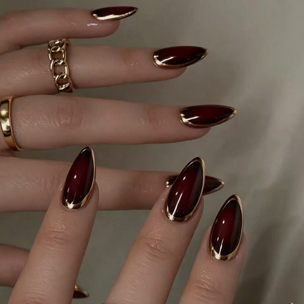 Black Cherry Gold Rim Almond Press-On Nails – black-cherry jelly framed by a metallic chrome rim, photo 4