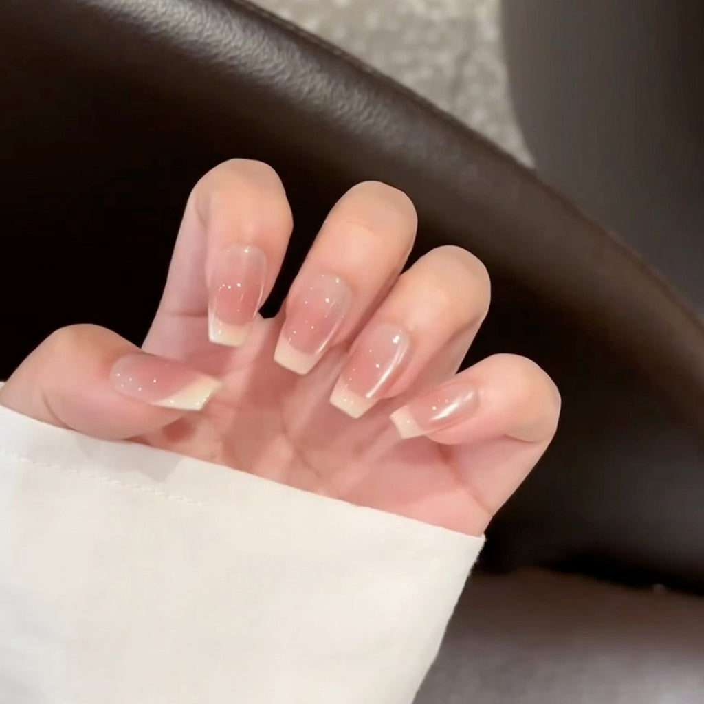 Custard Blush French Short Square Press-On Nails – custard cream french tips on shimmer blush pink, photo 4