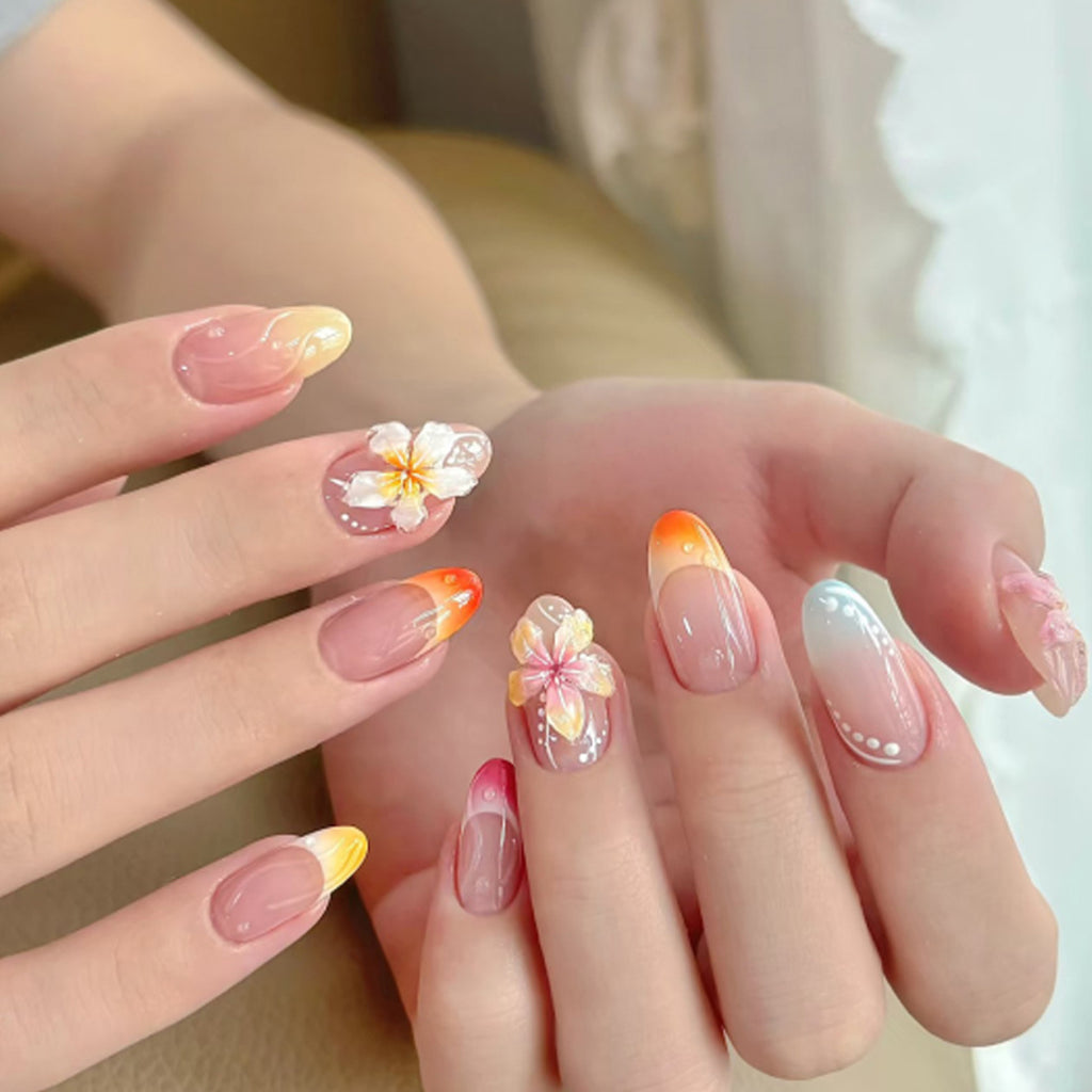Sunset Floral French Almond Press-On Nails – orange, pink, yellow and blue ombré tips with 3d flowers, photo 4