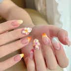 Sunset Floral French Almond Press-On Nails – orange, pink, yellow and blue ombré tips with 3d flowers, photo 4