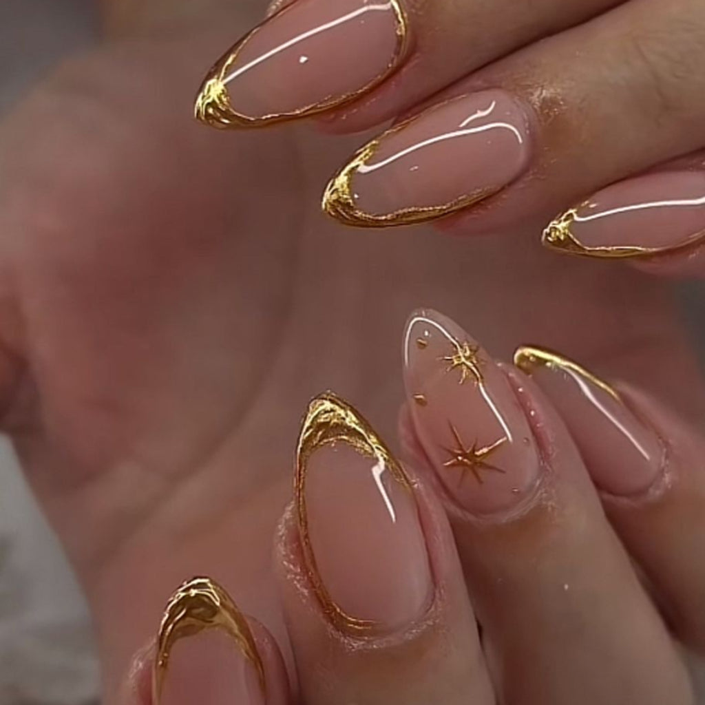 Gold Outline French Almond Press-On Nails – peachy nude with fine gold outline french tips, photo 4