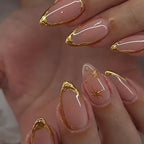 Gold Outline French Almond Press-On Nails – peachy nude with fine gold outline french tips, photo 4