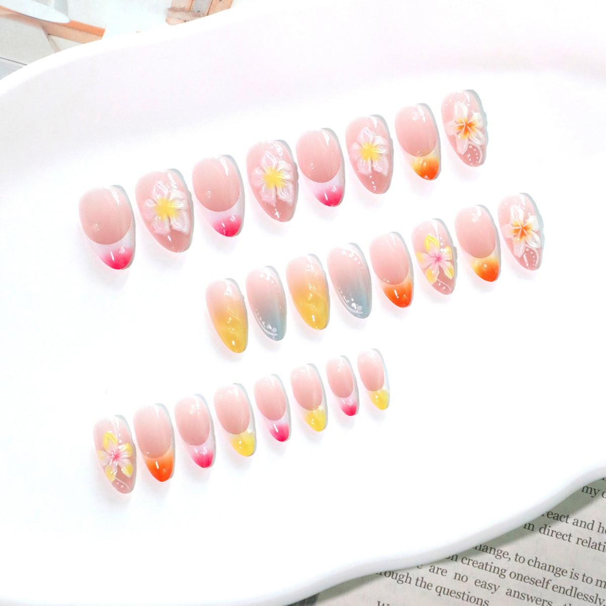 Sunset Floral French Almond Press-On Nails – orange, pink, yellow and blue ombré tips with 3d flowers, photo 7