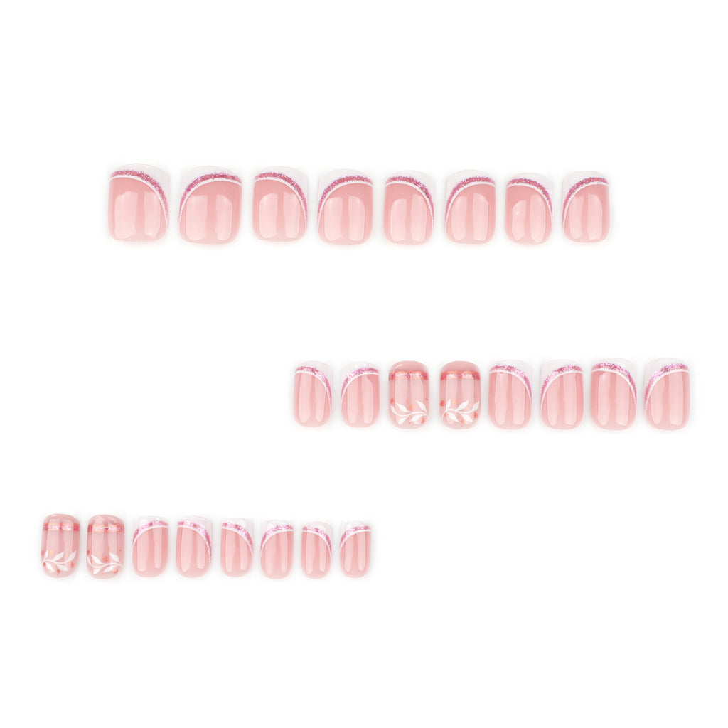 White Swirl French Short Square Press-On Nails – curved white french tips edged in pink glitter, photo 7