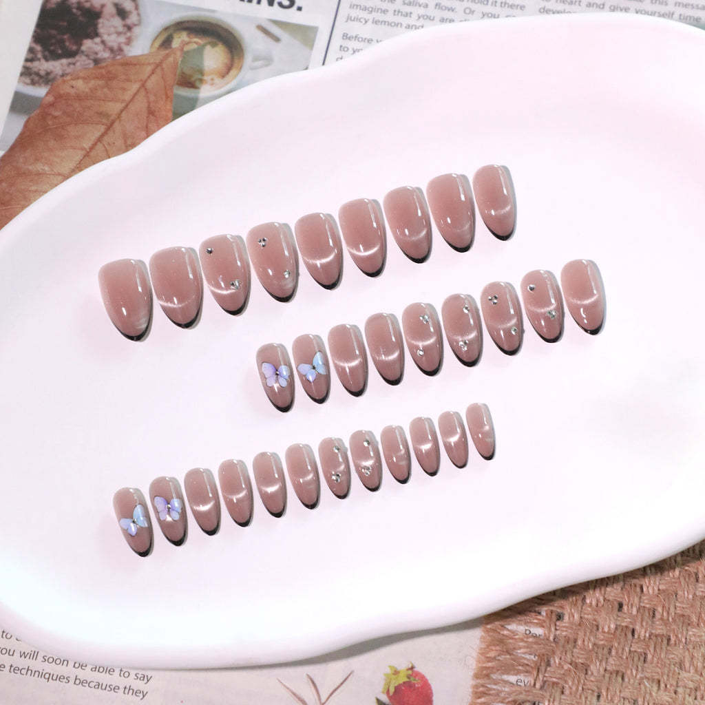Mocha Butterfly Almond Press-On Nails – mocha with black french tips, crystals and a 3d butterfly, photo 7