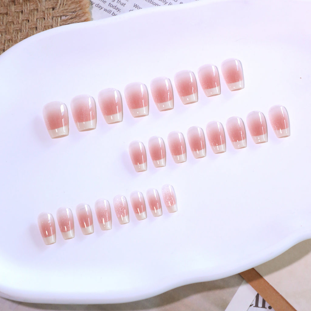 Custard Blush French Short Square Press-On Nails – custard cream french tips on shimmer blush pink, photo 7