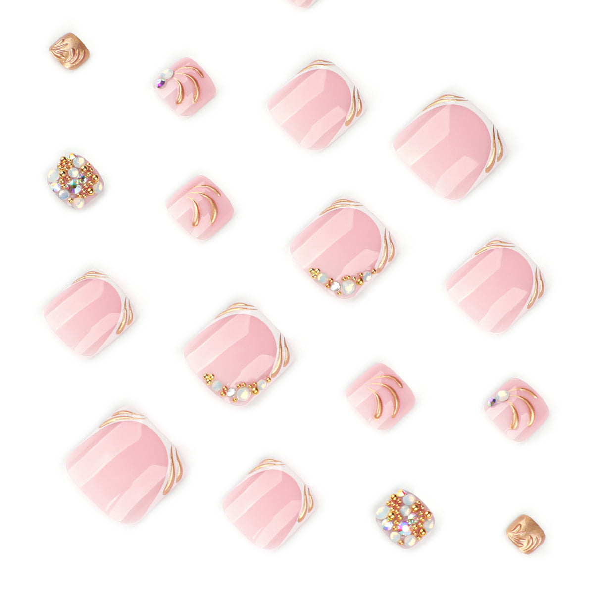 Rhinestone French Press-On Toenails – pink french toenails with gold lines and rhinestones, photo 5