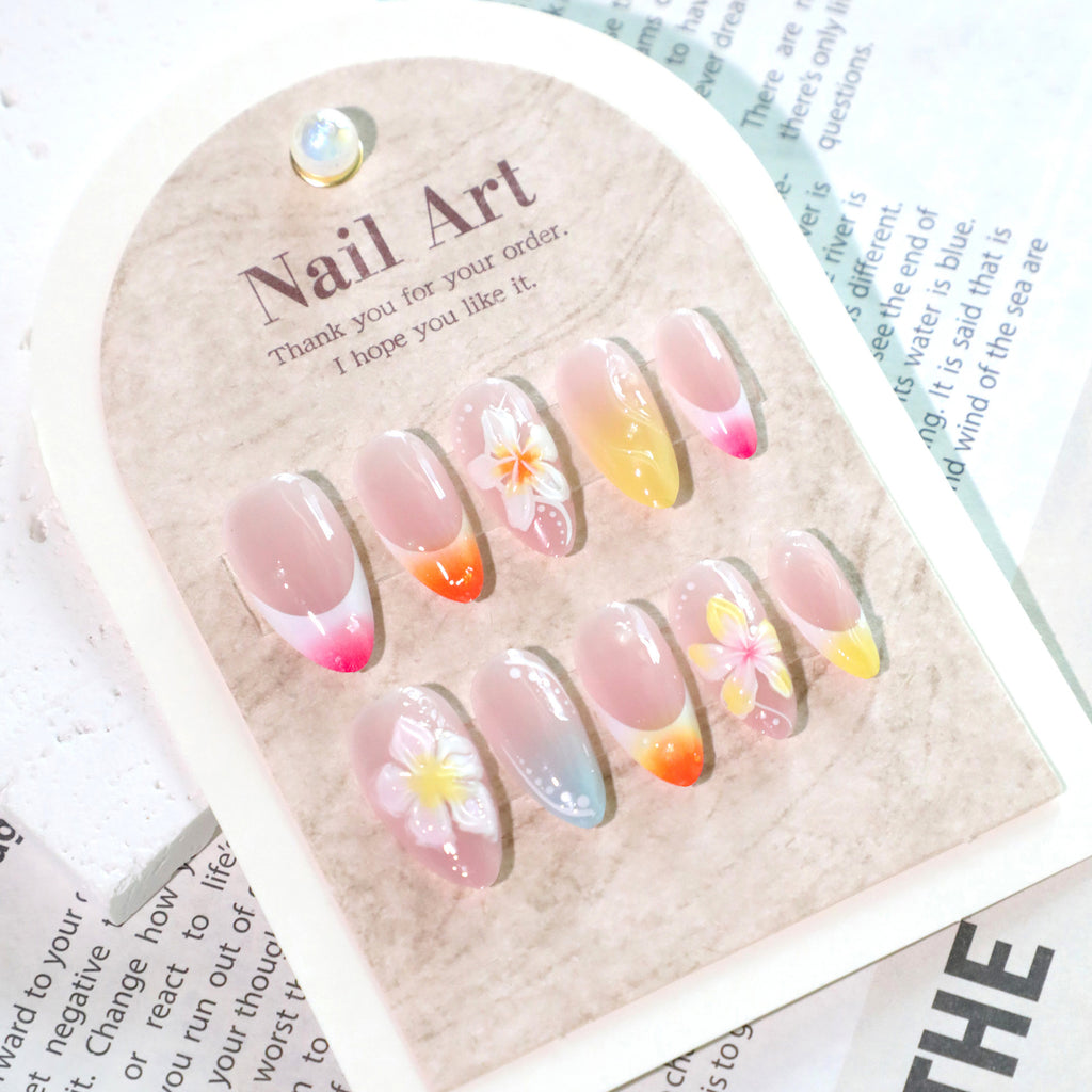 Sunset Floral French Almond Press-On Nails – orange, pink, yellow and blue ombré tips with 3d flowers, photo 5