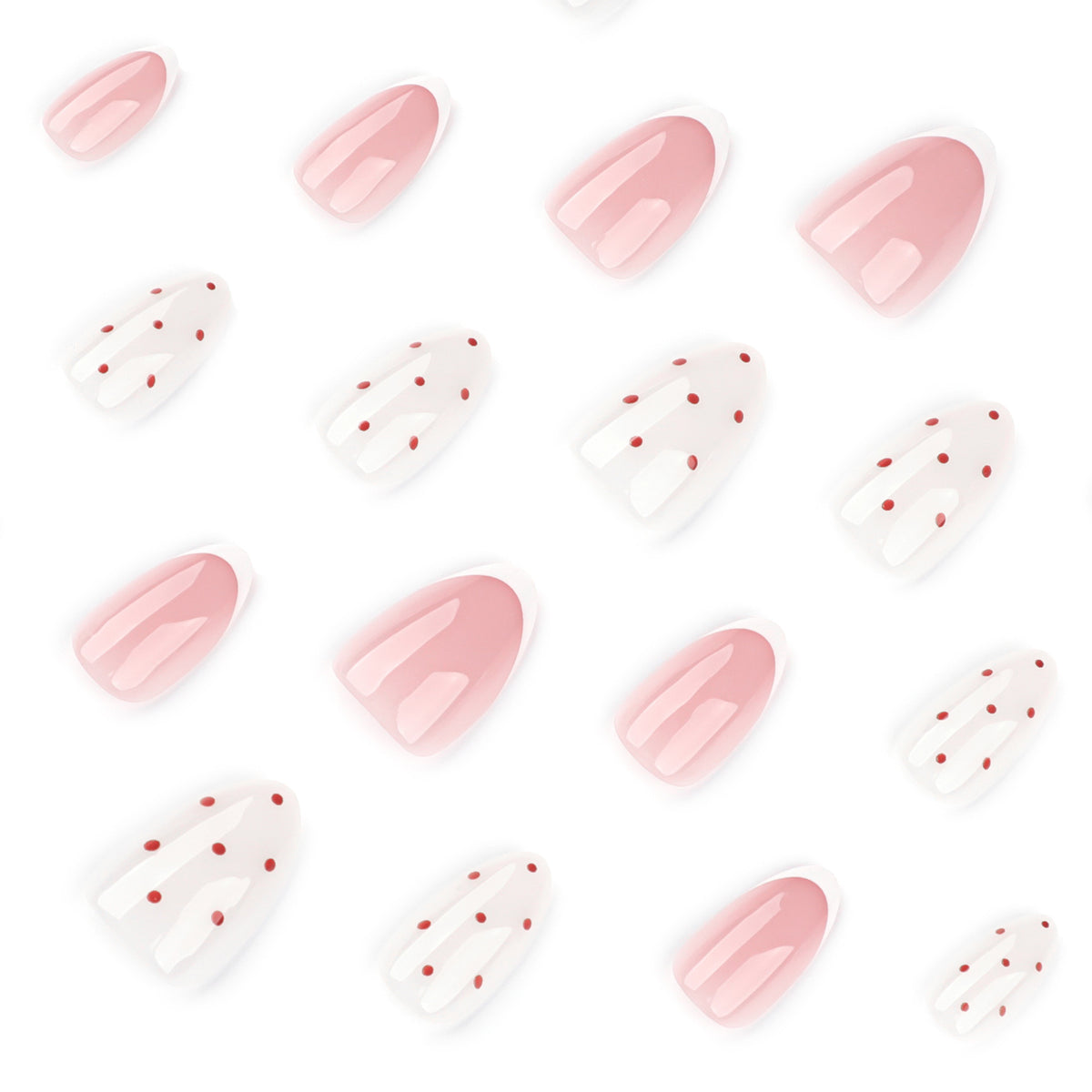 Polka Dot Blush French Almond Press-On Nails – blush pink french tips mixed with tiny red polka dots, photo 5