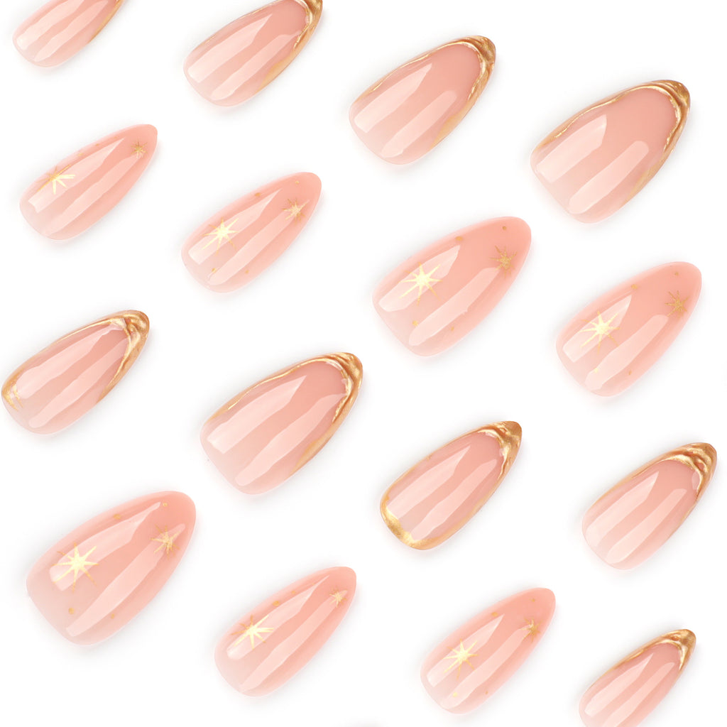 Gold Outline French Almond Press-On Nails – peachy nude with fine gold outline french tips, photo 5