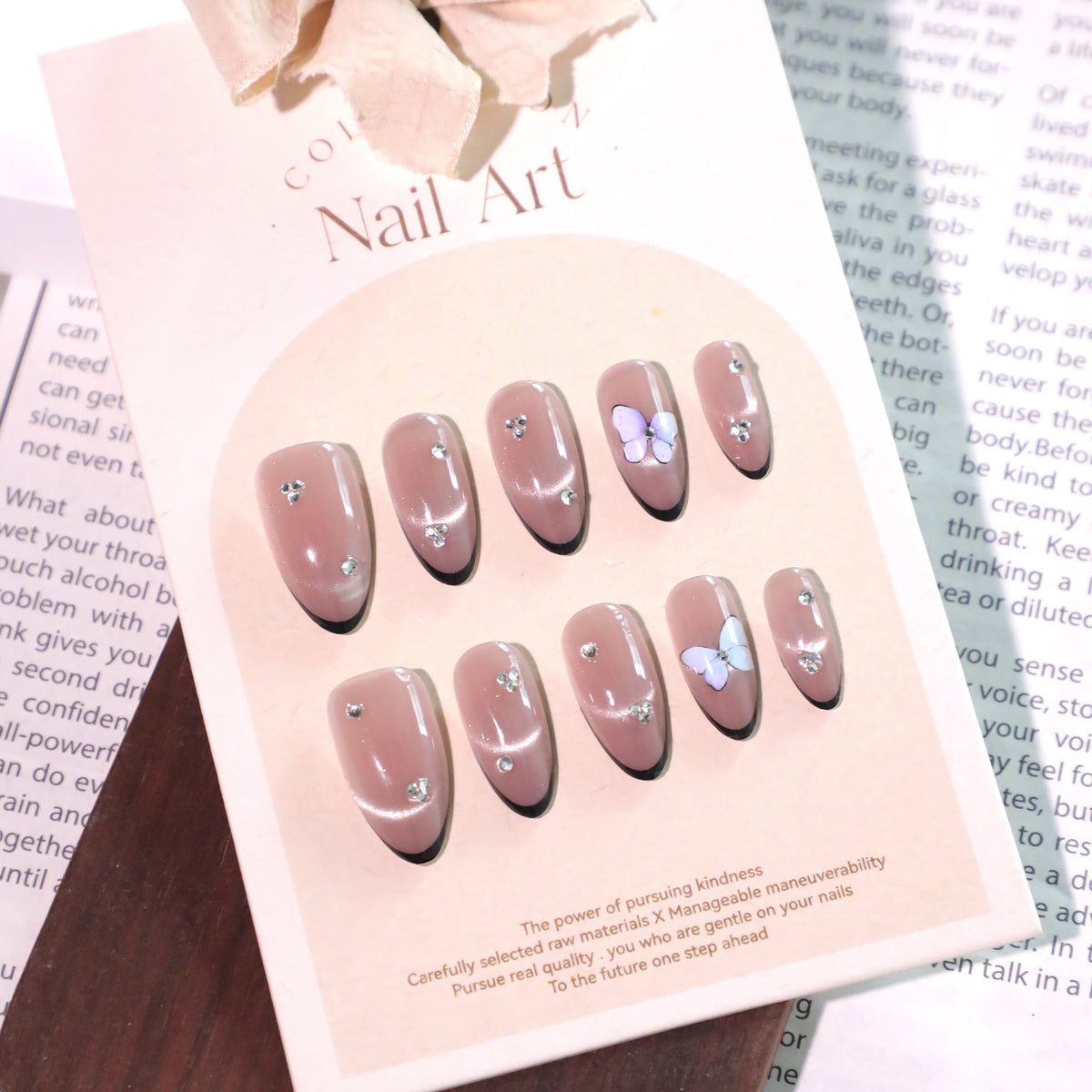 Mocha Butterfly Almond Press-On Nails – mocha with black french tips, crystals and a 3d butterfly, photo 5