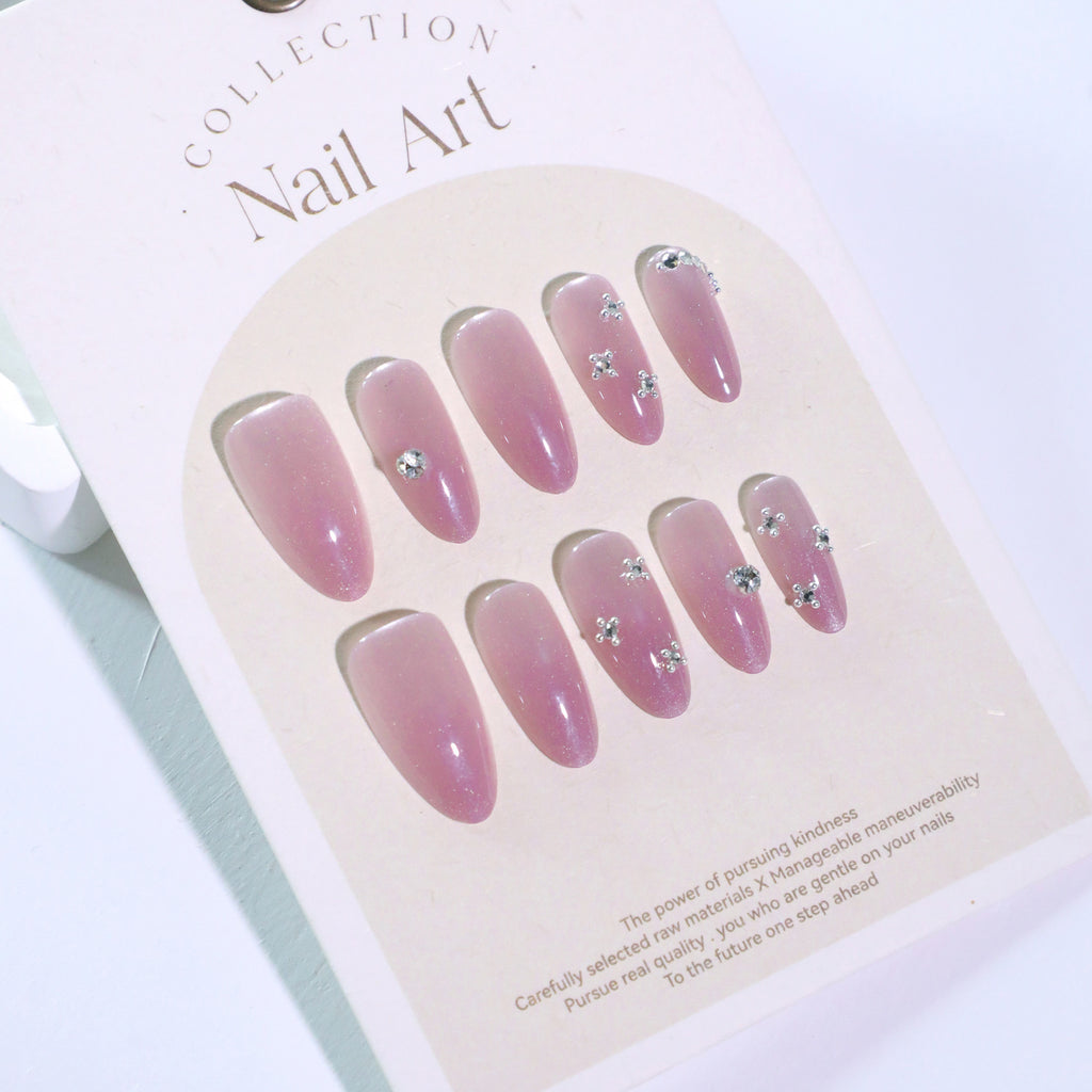 Pink Cat Eye Rhinestone Almond Press-On Nails – mauve-pink cat eye with rhinestone accents, photo 5