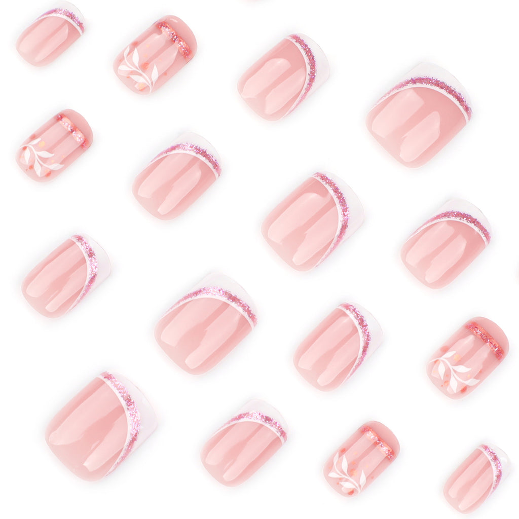 White Swirl French Short Square Press-On Nails – curved white french tips edged in pink glitter, photo 5