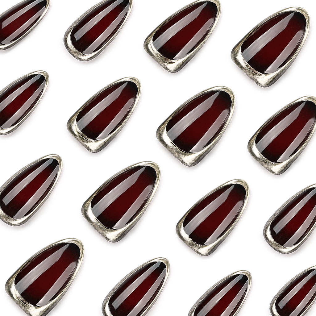 Black Cherry Gold Rim Almond Press-On Nails – black-cherry jelly framed by a metallic chrome rim, photo 5