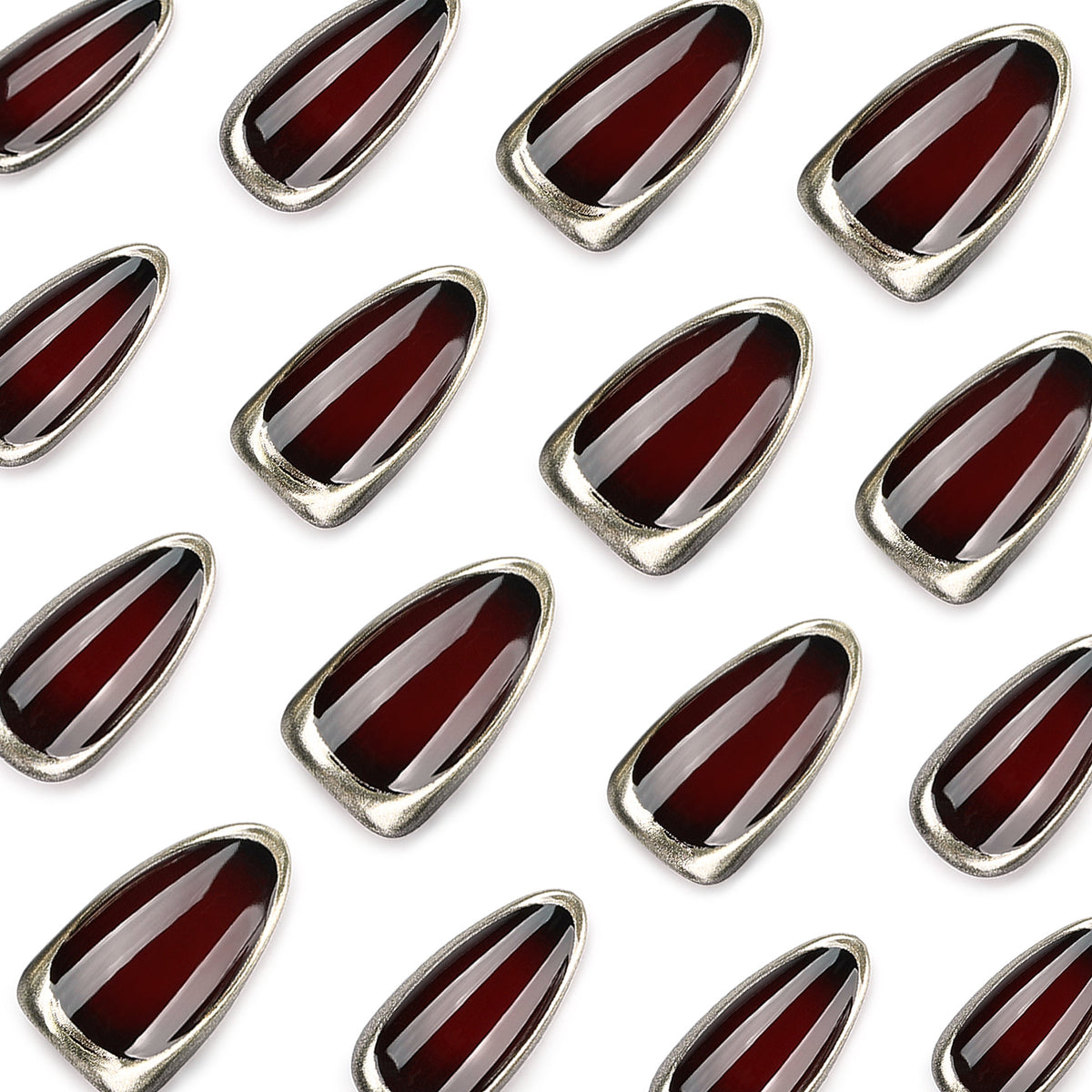 Black Cherry Gold Rim Almond Press-On Nails – black-cherry jelly framed by a metallic chrome rim, photo 5