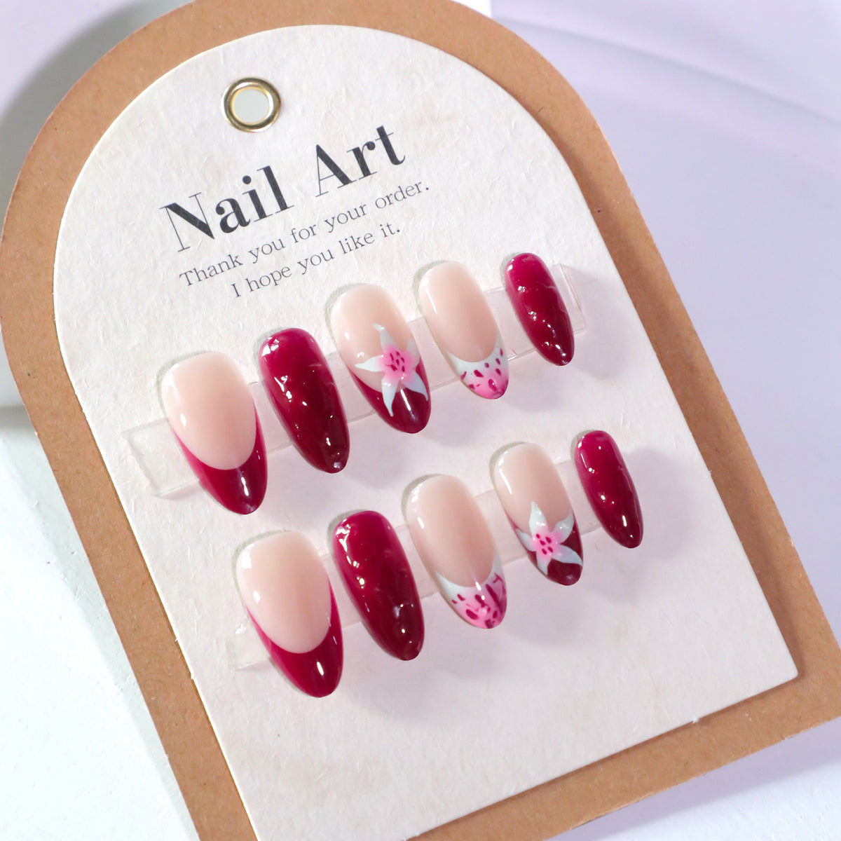 Burgundy Floral French Almond Press-On Nails – burgundy french tips with a 3d pink lily, photo 5