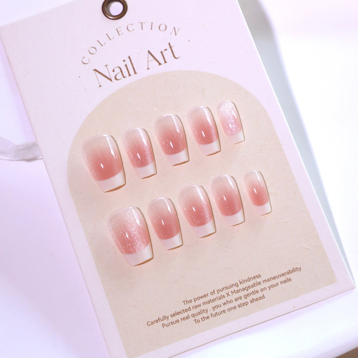 Custard Blush French Short Square Press-On Nails – custard cream french tips on shimmer blush pink, photo 5