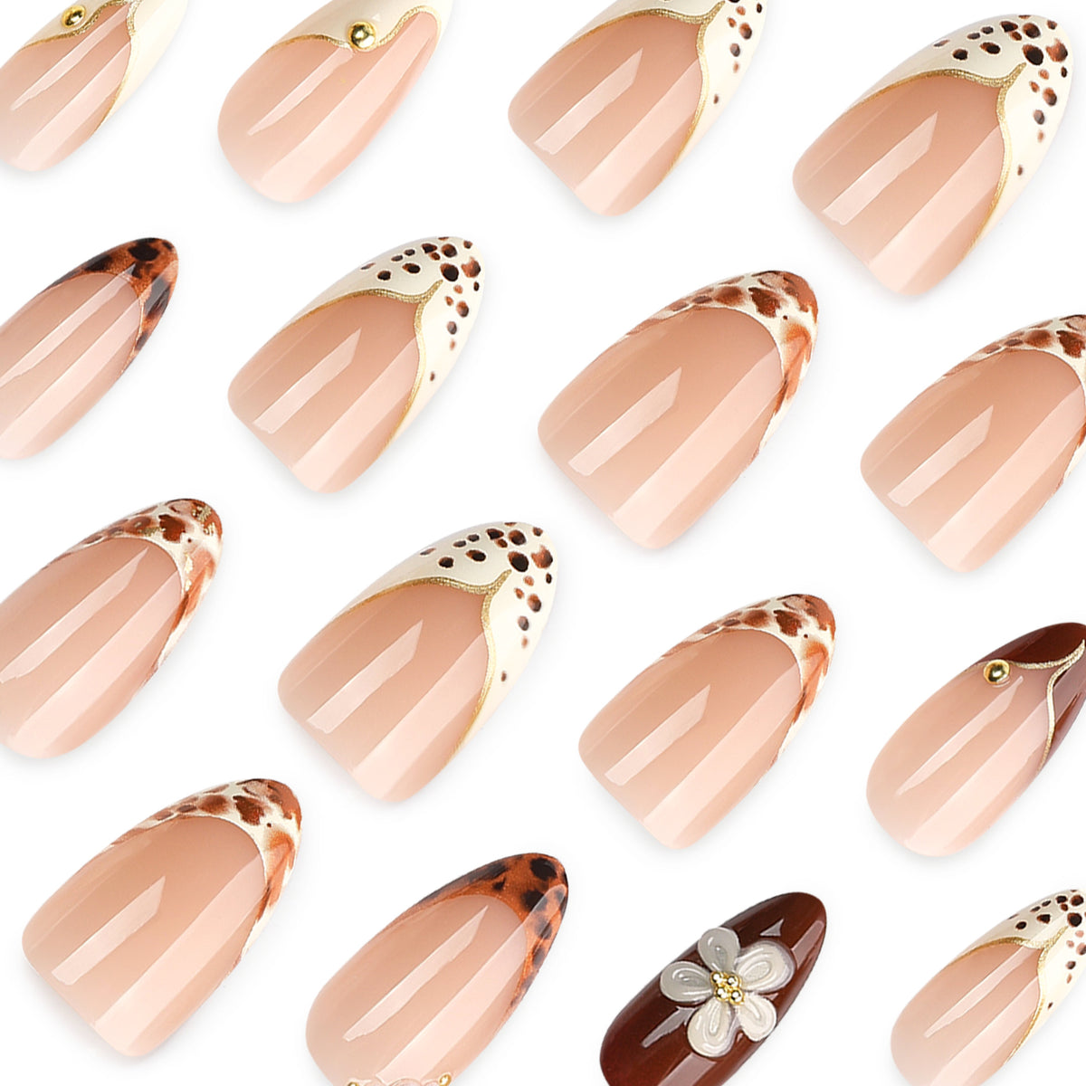Leopard & Blossom French Almond Press-On Nails – leopard french tips, gold lines, pearls, 3d blossom, photo 5