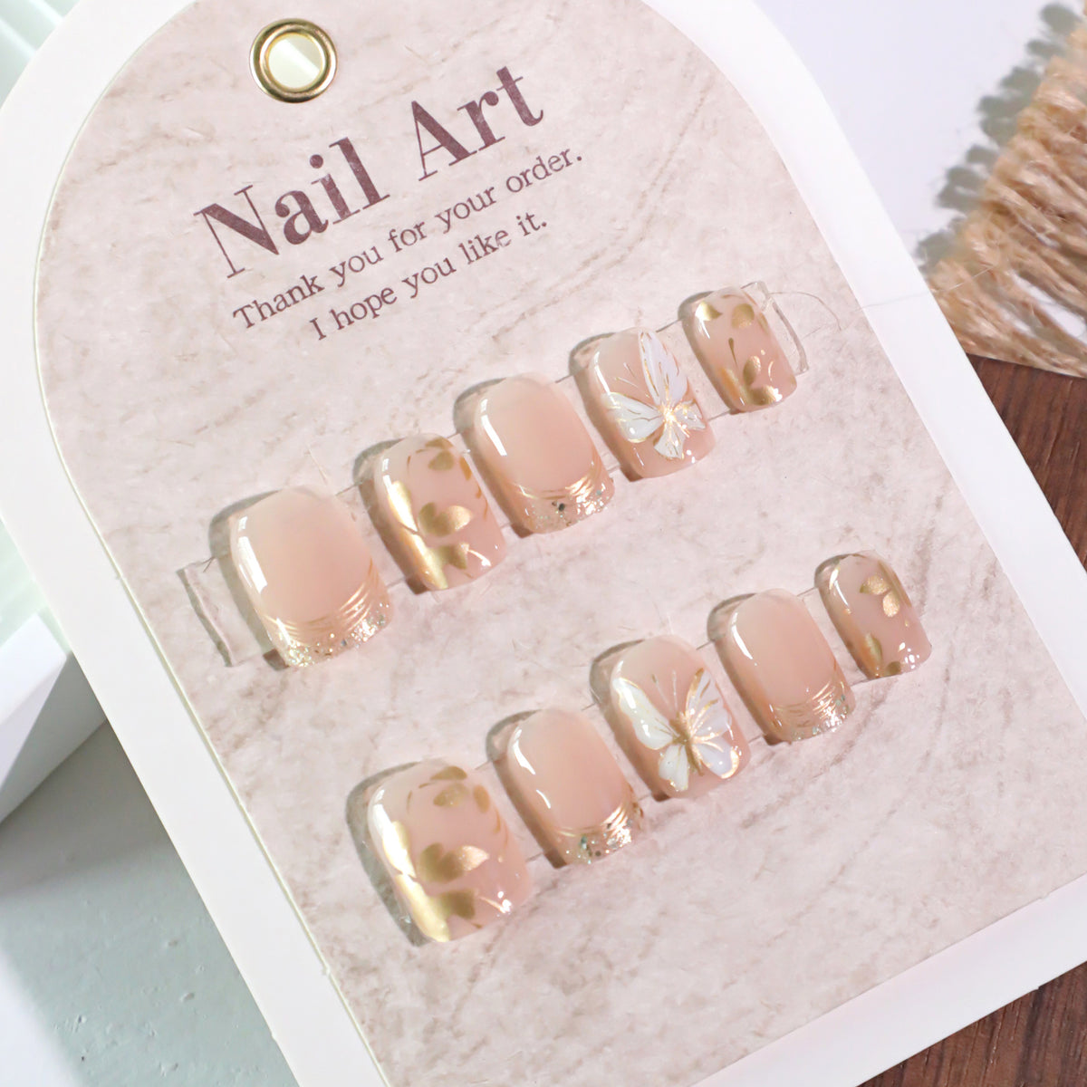 Golden Blossom Short Square Press-On Nails – peachy nude with gold-foil petals and glitter tips, photo 5