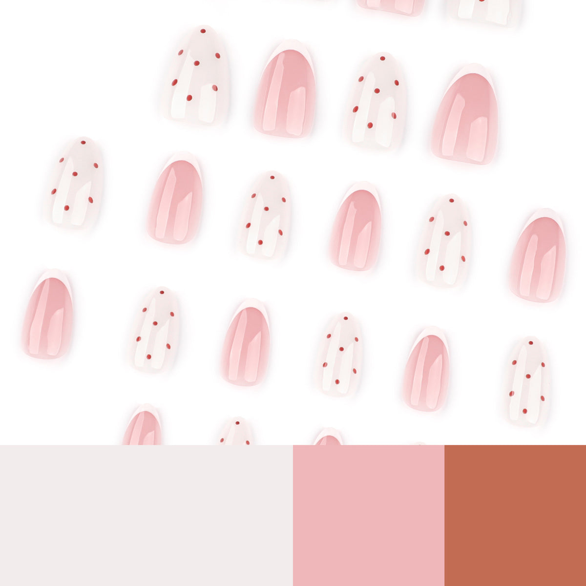 Polka Dot Blush French Almond Press-On Nails – blush pink french tips mixed with tiny red polka dots, photo 6