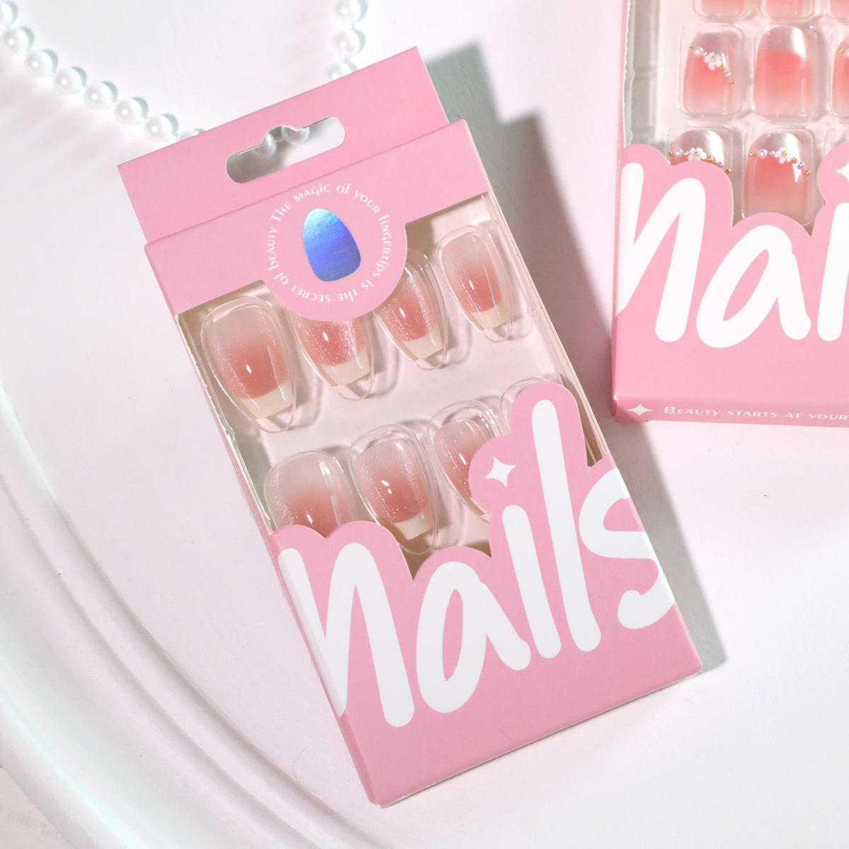 Custard Blush French Short Square Press-On Nails – custard cream french tips on shimmer blush pink, photo 6