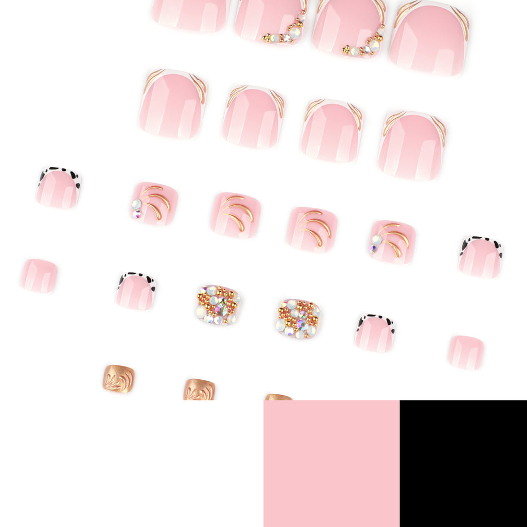 Rhinestone French Press-On Toenails – pink french toenails with gold lines and rhinestones, photo 6