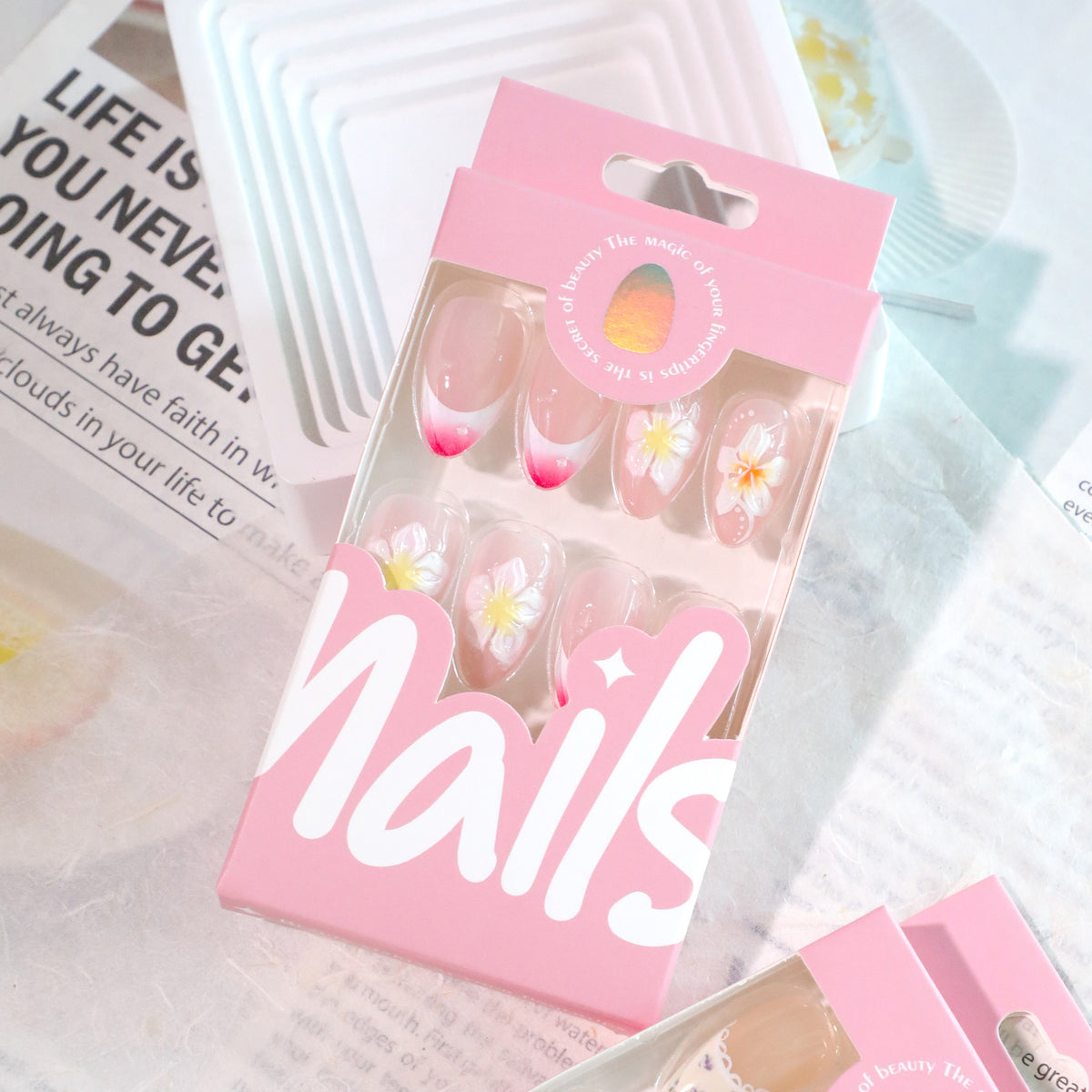 Sunset Floral French Almond Press-On Nails – orange, pink, yellow and blue ombré tips with 3d flowers, photo 6