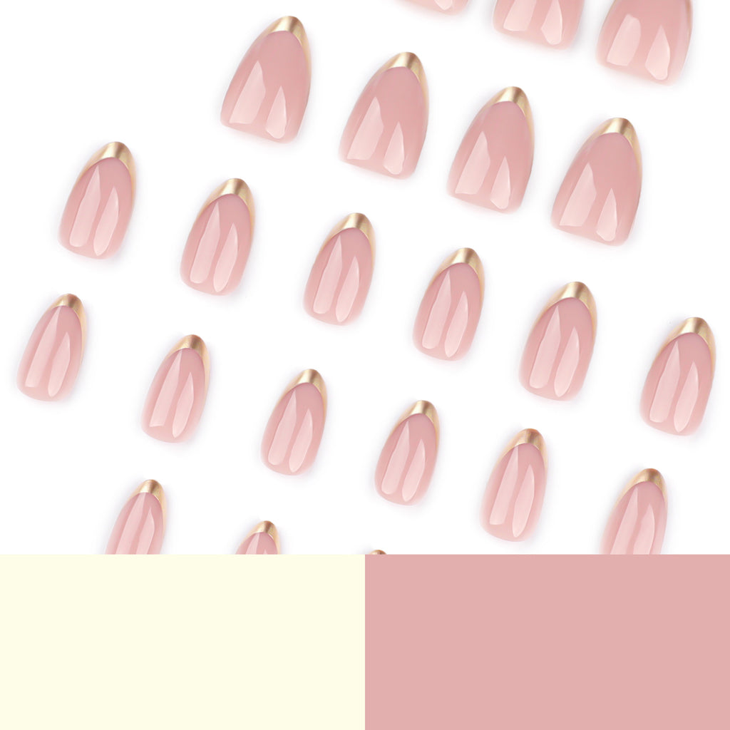 Gold Rim French Almond Press-On Nails – blush pink with a slim metallic gold french rim, photo 6