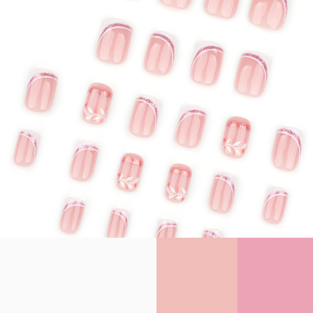 White Swirl French Short Square Press-On Nails – curved white french tips edged in pink glitter, photo 6