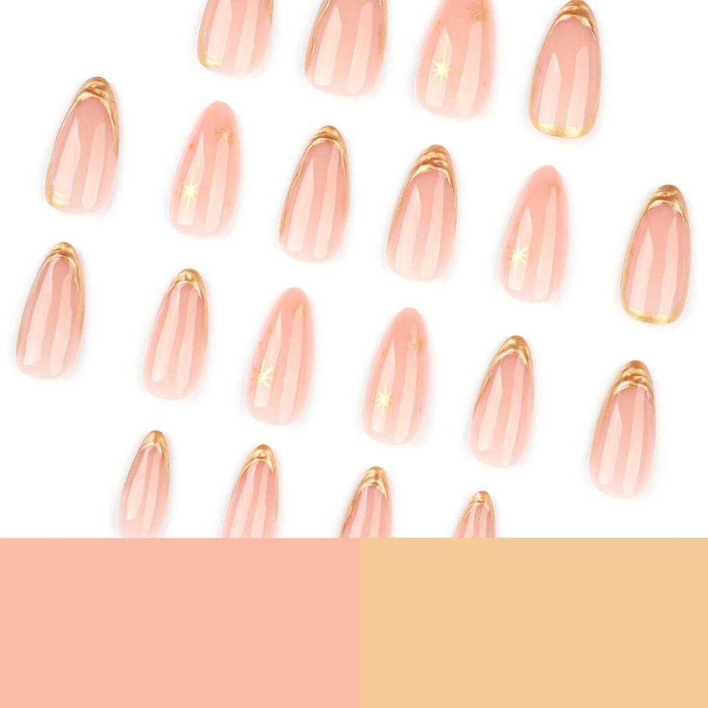 Gold Outline French Almond Press-On Nails – peachy nude with fine gold outline french tips, photo 6