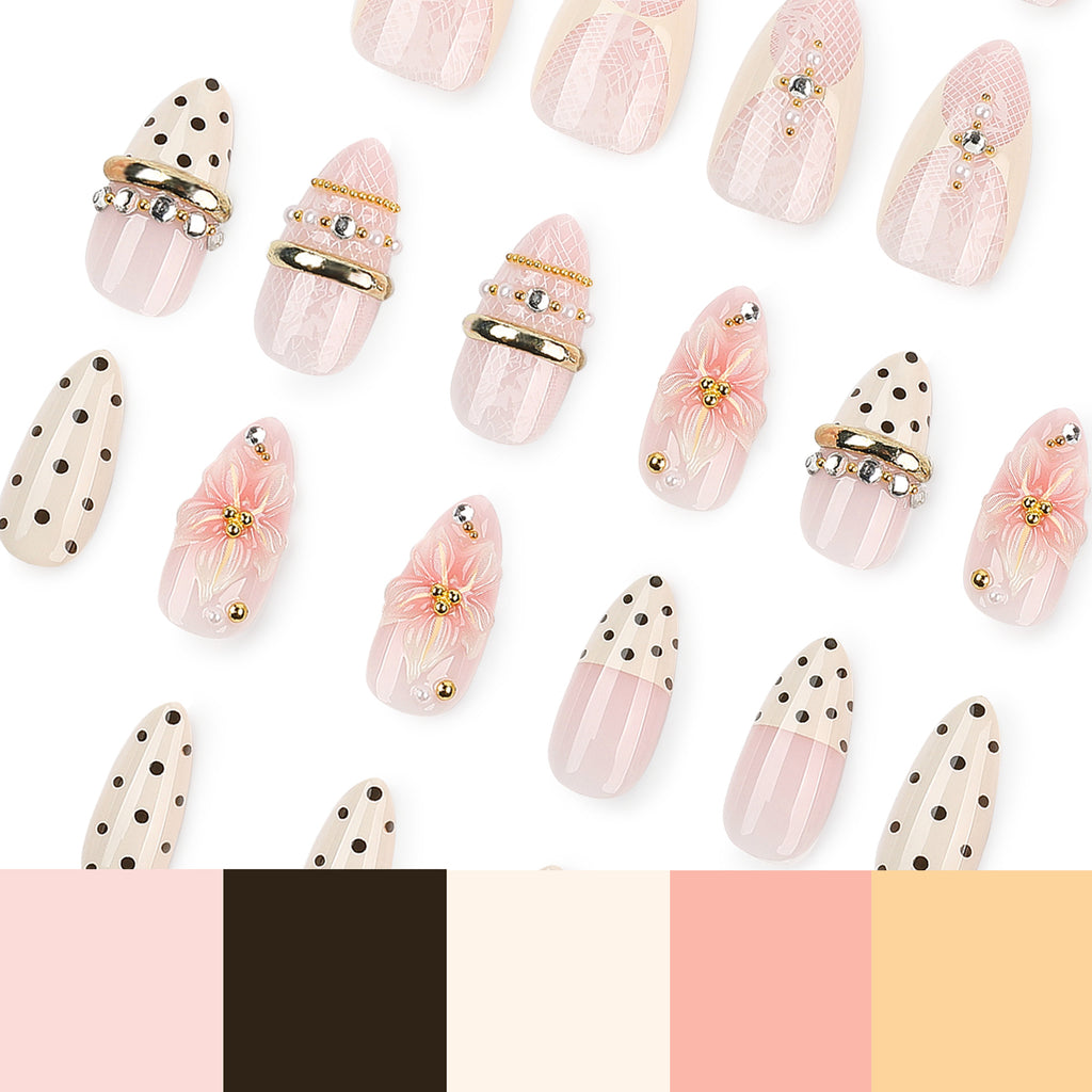 Polka Dot Bow & Blossom Almond Press-On Nails – polka dots, lace-look pink, gold bands, 3d blossom, photo 6