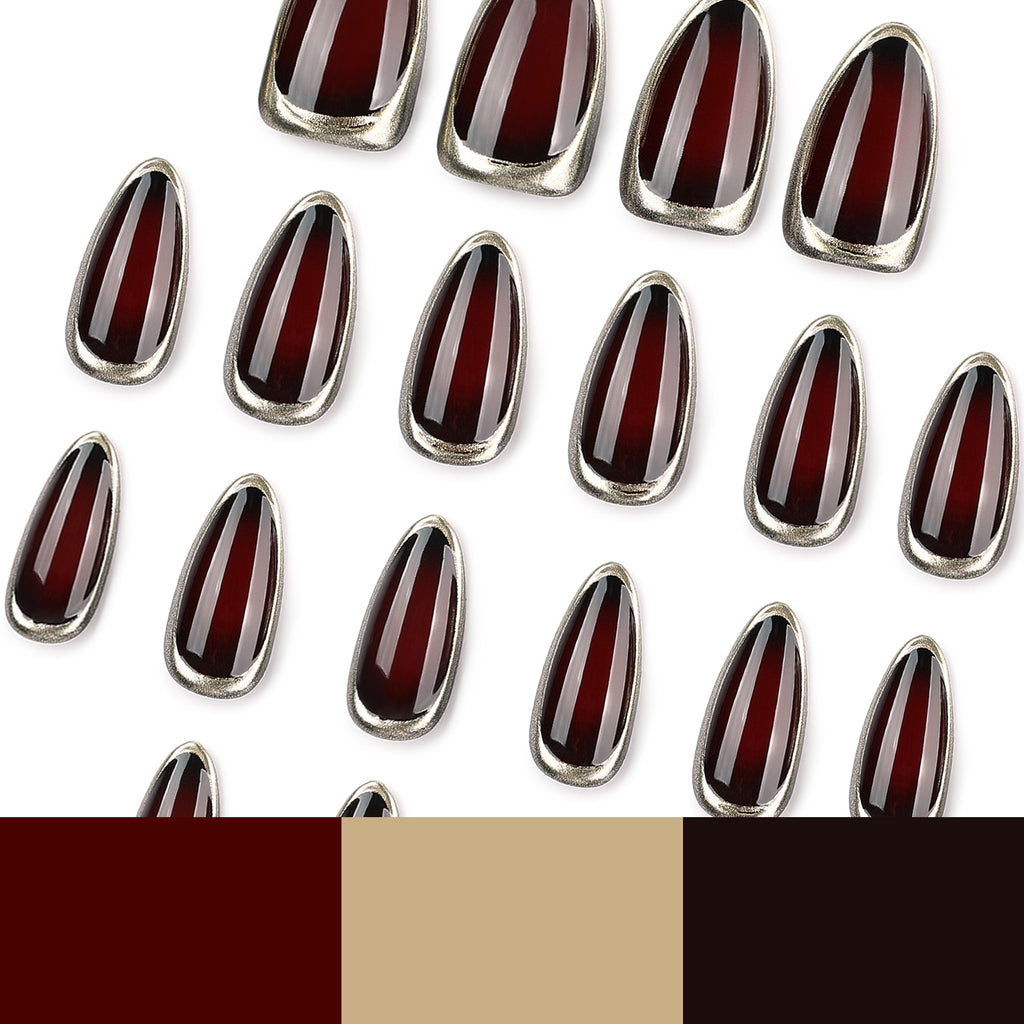 Black Cherry Gold Rim Almond Press-On Nails – black-cherry jelly framed by a metallic chrome rim, photo 6