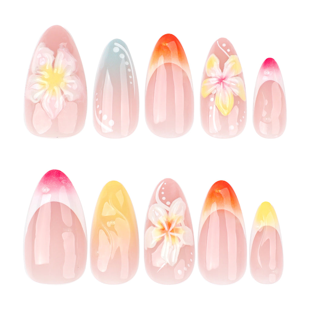 Sunset Floral French Almond Press-On Nails – full set of 10 nails: orange, pink, yellow and blue ombré tips with 3d flowers