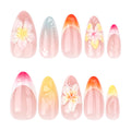 Sunset Floral French Almond Press-On Nails – full set of 10 nails: orange, pink, yellow and blue ombré tips with 3d flowers