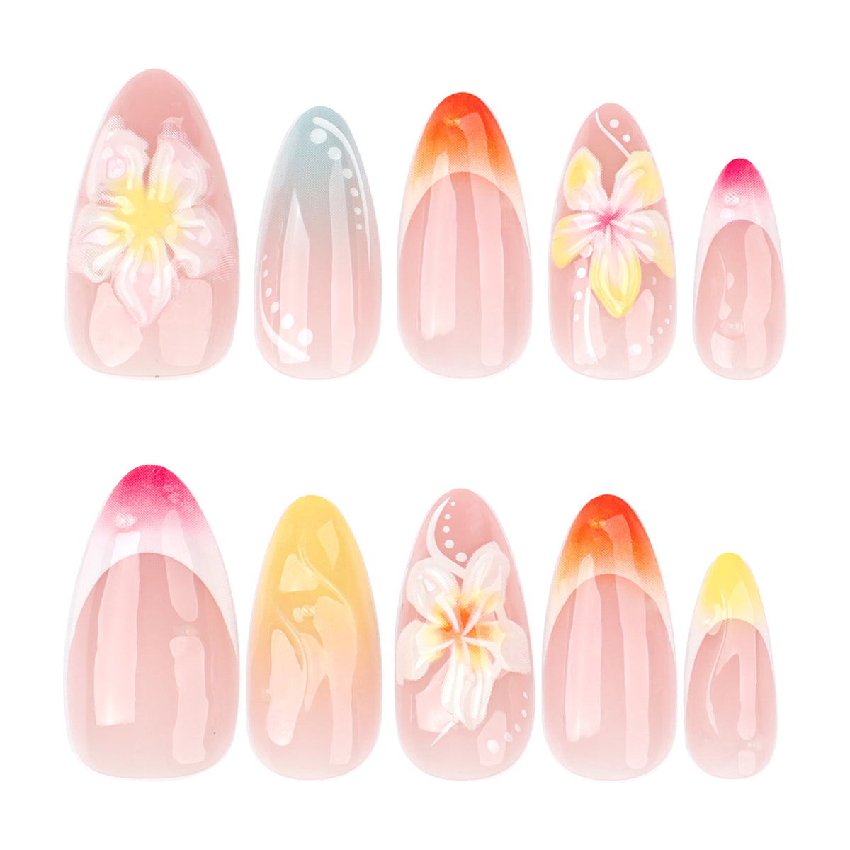 Sunset Floral French Almond Press-On Nails – full set of 10 nails: orange, pink, yellow and blue ombré tips with 3d flowers